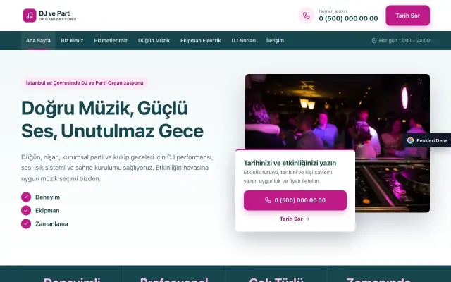DJ ve Parti Organizasyonu için Bölünmüş Petrol Pembe – DJ ve Parti Organizasyonu Web Sitesi ana sayfa görünümü