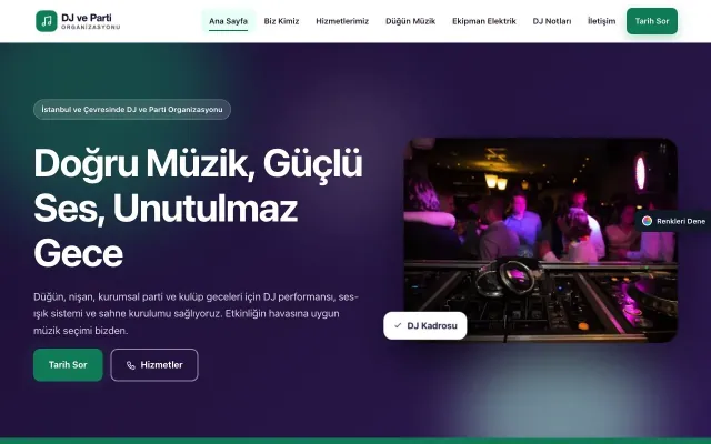 DJ ve Parti Organizasyonu için Hareketli Mor Turkuaz – DJ ve Parti Organizasyonu Web Sitesi ana sayfa görünümü