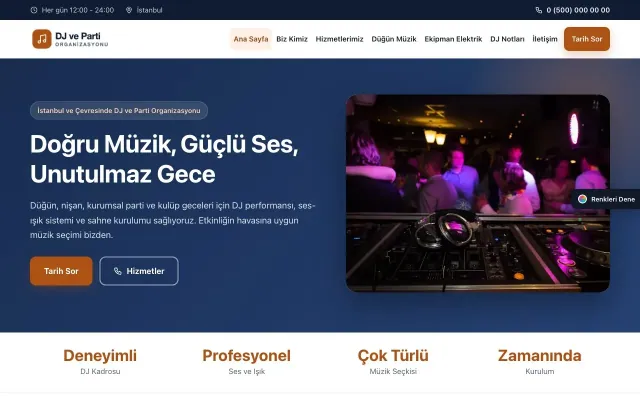 DJ ve Parti Organizasyonu için Klasik Mavi Turuncu – DJ ve Parti Organizasyonu Web Sitesi ana sayfa görünümü
