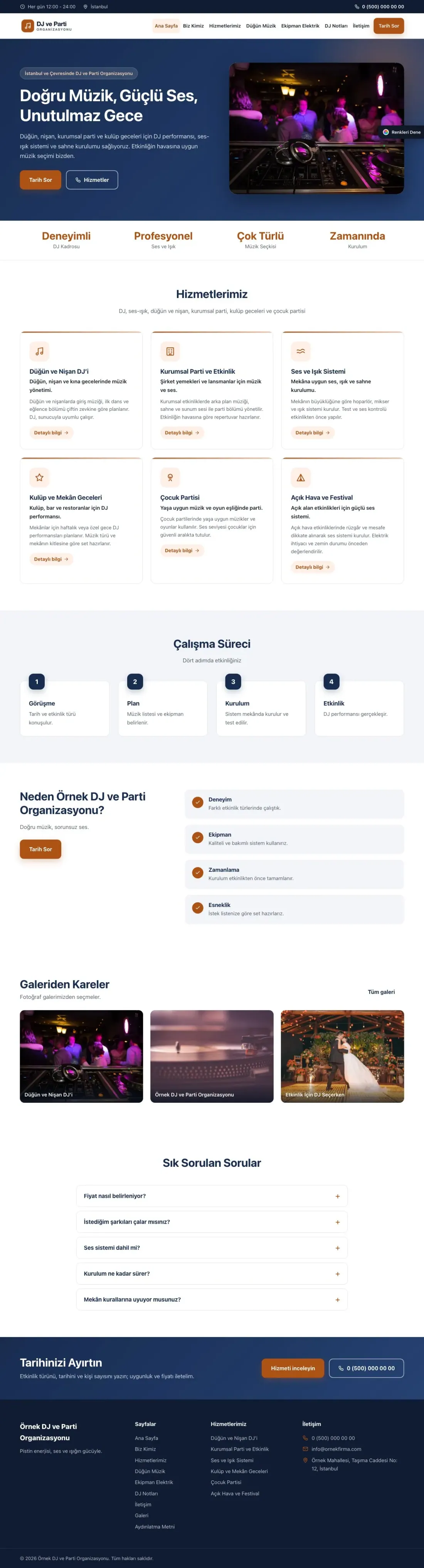 DJ ve Parti Organizasyonu için Klasik Mavi Turuncu – DJ ve Parti Organizasyonu Web Sitesi ana sayfa görünümü