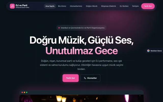 DJ ve Parti Organizasyonu için Koyu Modern Mavi Pembe – DJ ve Parti Organizasyonu Web Sitesi ana sayfa görünümü