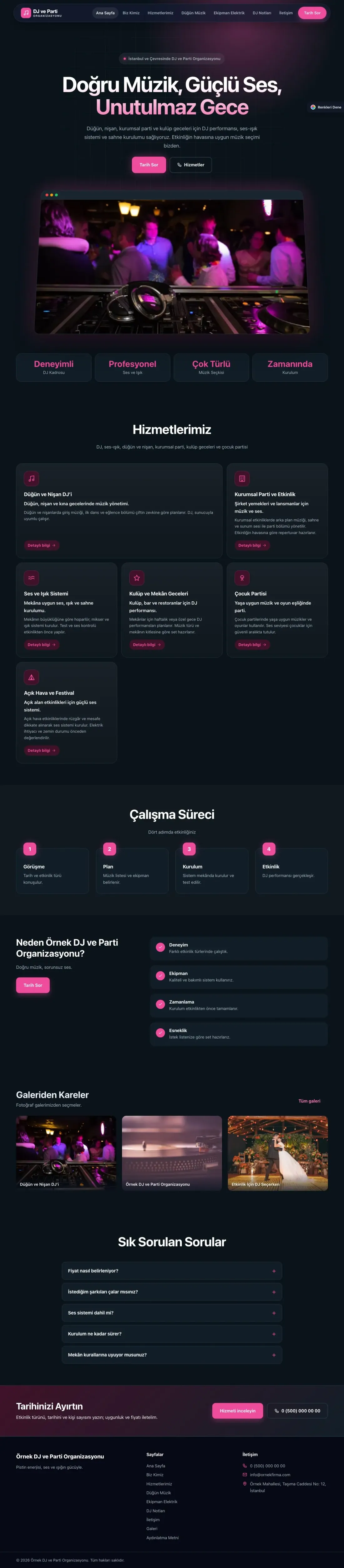 DJ ve Parti Organizasyonu için Koyu Modern Mavi Pembe – DJ ve Parti Organizasyonu Web Sitesi ana sayfa görünümü