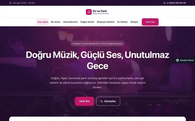 DJ ve Parti Organizasyonu için Merkez Mor Pembe – DJ ve Parti Organizasyonu Web Sitesi ana sayfa görünümü