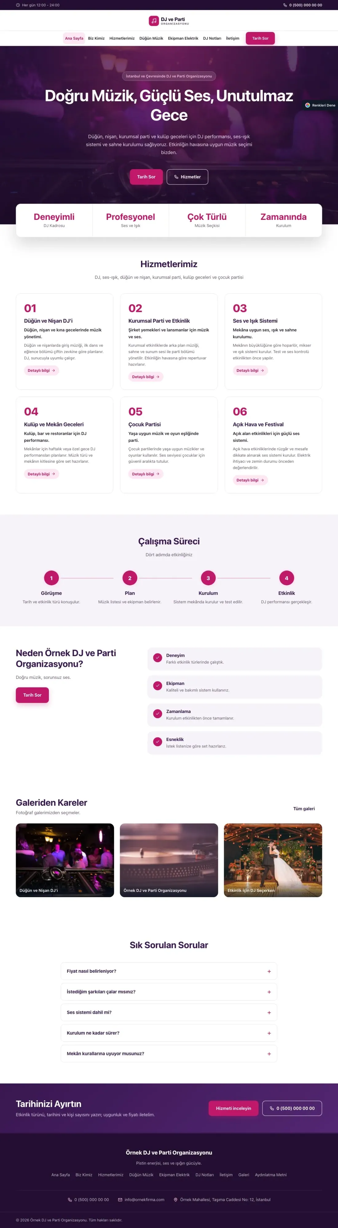 DJ ve Parti Organizasyonu için Merkez Mor Pembe – DJ ve Parti Organizasyonu Web Sitesi ana sayfa görünümü