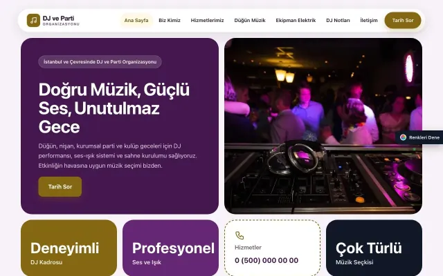 DJ ve Parti Organizasyonu için Mozaik Mor Amber – DJ ve Parti Organizasyonu Web Sitesi ana sayfa görünümü