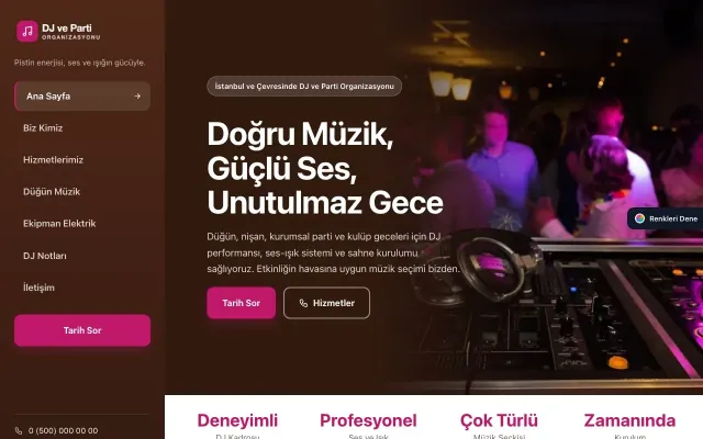 DJ ve Parti Organizasyonu için Sol Menü Kahve Pembe – DJ ve Parti Organizasyonu Web Sitesi ana sayfa görünümü