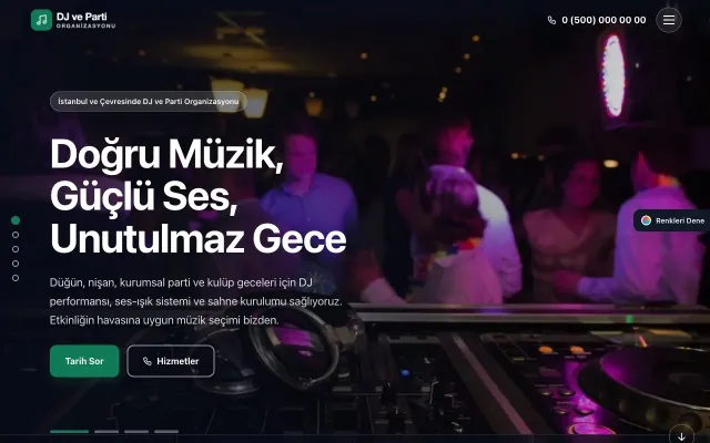 DJ ve Parti Organizasyonu için Tam Ekran Erik Turkuaz – DJ ve Parti Organizasyonu Web Sitesi ana sayfa görünümü