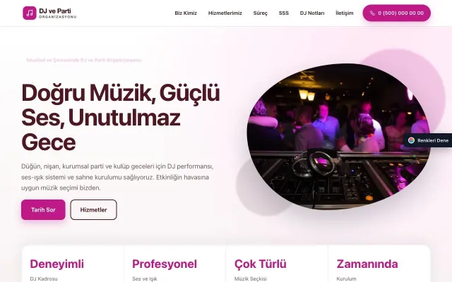 DJ ve Parti Organizasyonu için Tek Sayfa Bordo Pembe – DJ ve Parti Organizasyonu Web Sitesi ana sayfa görünümü