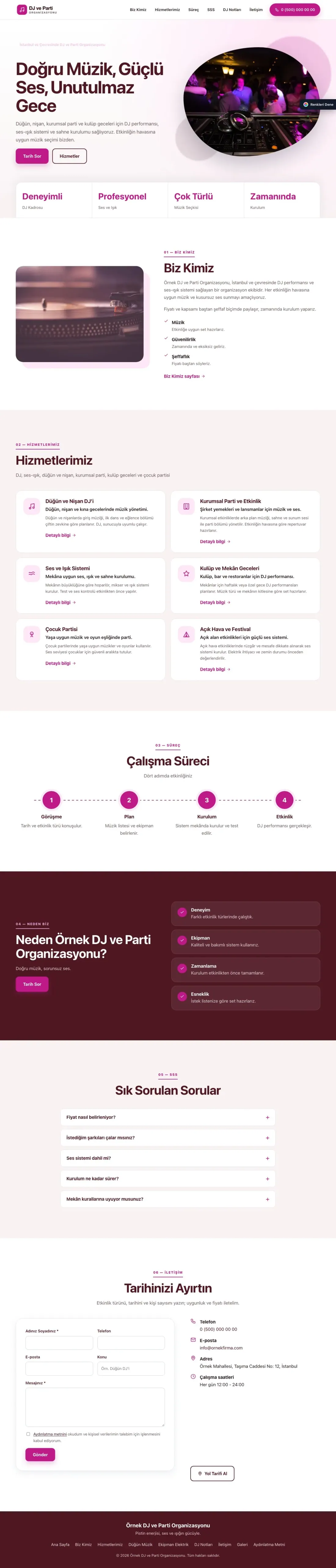 DJ ve Parti Organizasyonu için Tek Sayfa Bordo Pembe – DJ ve Parti Organizasyonu Web Sitesi ana sayfa görünümü