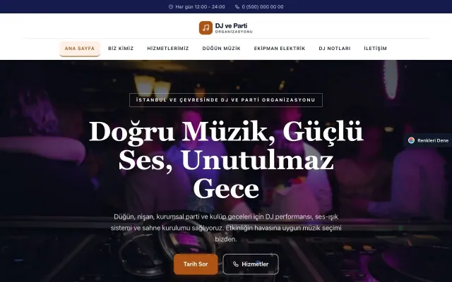 DJ ve Parti Organizasyonu için Zigzag Lacivert Turuncu – DJ ve Parti Organizasyonu Web Sitesi ana sayfa görünümü