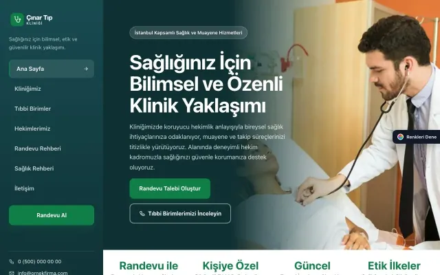 Doktor ve Klinik için Sol Menü Petrol Yeşil – Doktor ve Klinik Web Sitesi ana sayfa görünümü