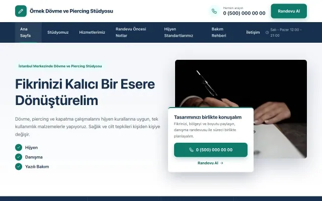 Dövme ve Estetik için Bölünmüş Mavi Turkuaz – Dövme ve Estetik Web Sitesi ana sayfa görünümü
