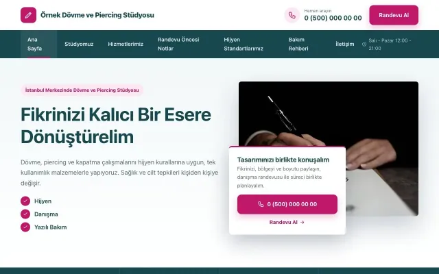 Dövme ve Estetik için Bölünmüş Petrol Pembe – Dövme ve Estetik Web Sitesi ana sayfa görünümü