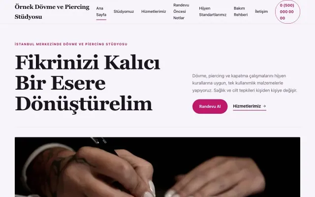 Dövme ve Estetik için Editoryal Mor Pembe – Dövme ve Estetik Web Sitesi ana sayfa görünümü