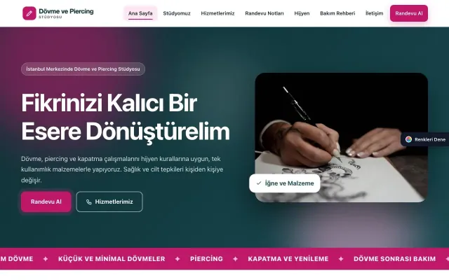 Dövme ve Estetik için Hareketli Petrol Pembe – Dövme ve Estetik Web Sitesi ana sayfa görünümü