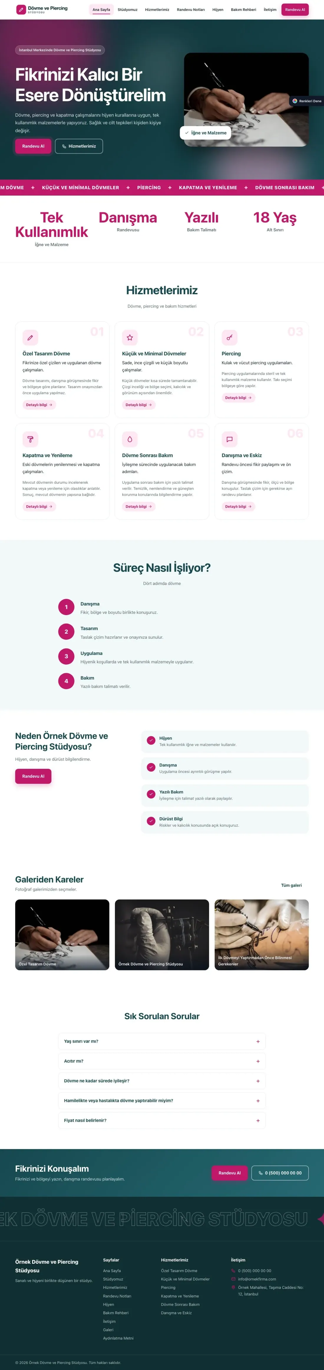 Dövme ve Estetik için Hareketli Petrol Pembe – Dövme ve Estetik Web Sitesi ana sayfa görünümü
