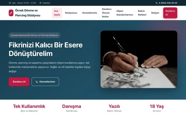 Dövme ve Estetik için Klasik Mavi Kırmızı – Dövme ve Estetik Web Sitesi ana sayfa görünümü