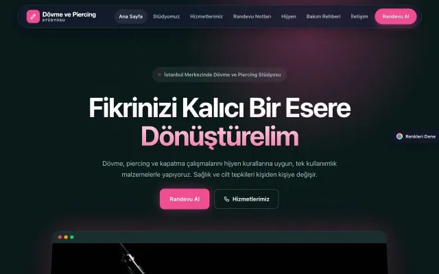 Dövme ve Estetik için Koyu Modern Petrol Pembe – Dövme ve Estetik Web Sitesi ana sayfa görünümü