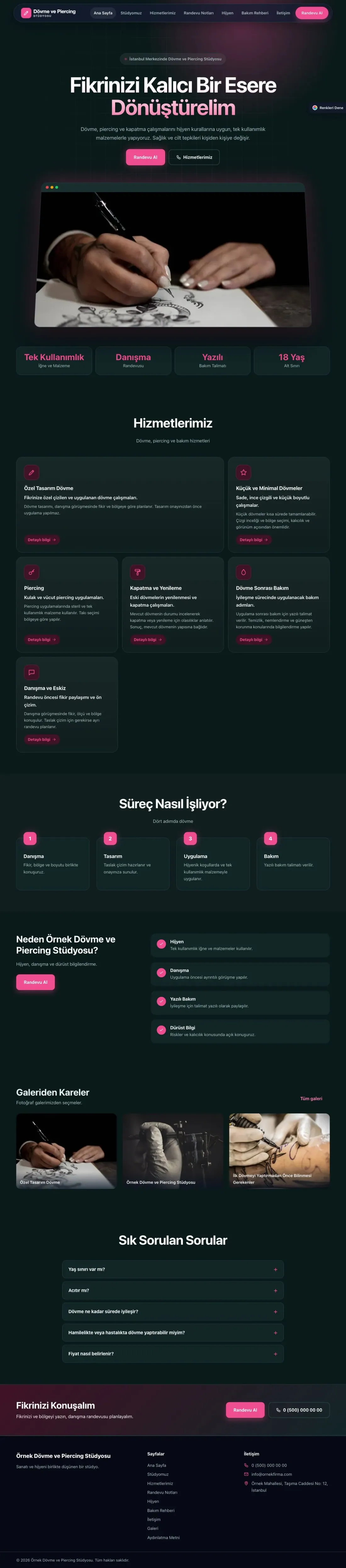 Dövme ve Estetik için Koyu Modern Petrol Pembe – Dövme ve Estetik Web Sitesi ana sayfa görünümü