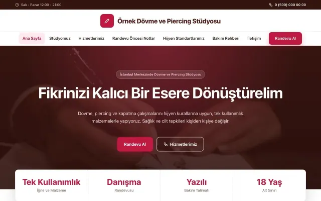 Dövme ve Estetik için Merkez Bordo Kırmızı – Dövme ve Estetik Web Sitesi ana sayfa görünümü