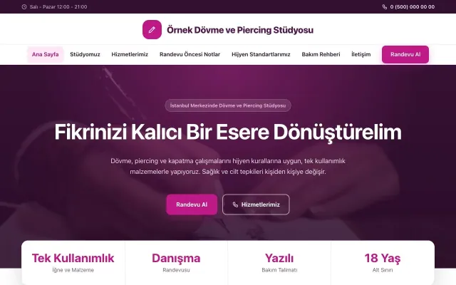 Dövme ve Estetik için Merkez Erik Pembe – Dövme ve Estetik Web Sitesi ana sayfa görünümü