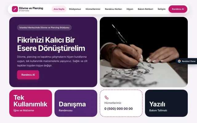 Dövme ve Estetik için Mozaik Mor Pembe – Dövme ve Estetik Web Sitesi ana sayfa görünümü
