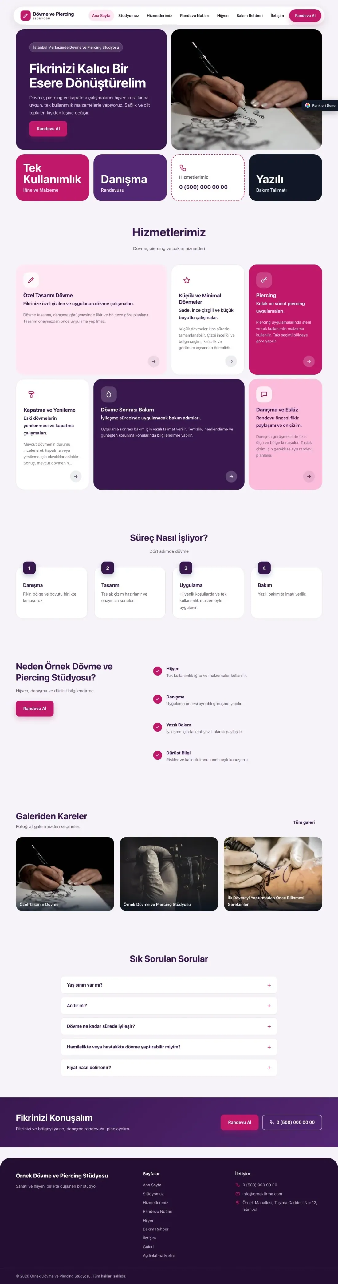 Dövme ve Estetik için Mozaik Mor Pembe – Dövme ve Estetik Web Sitesi ana sayfa görünümü