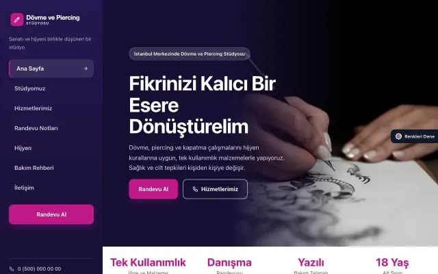 Dövme ve Estetik için Sol Menü Lacivert Pembe – Dövme ve Estetik Web Sitesi ana sayfa görünümü