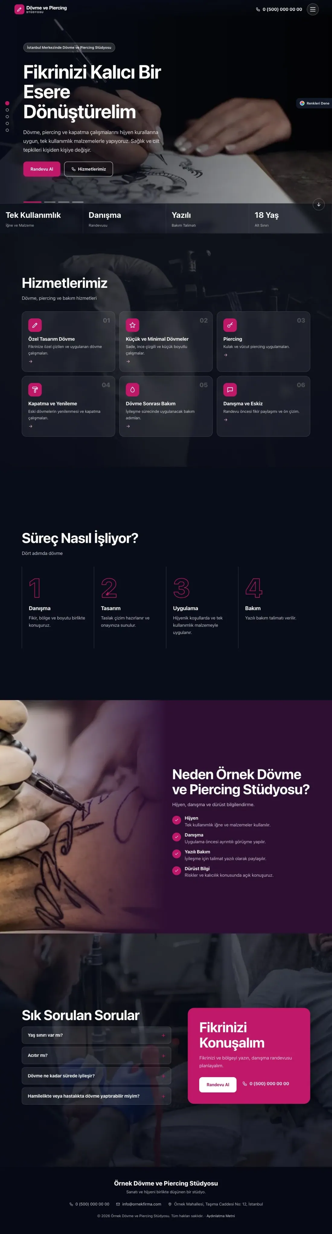 Dövme ve Estetik için Tam Ekran Mor Pembe – Dövme ve Estetik Web Sitesi ana sayfa görünümü