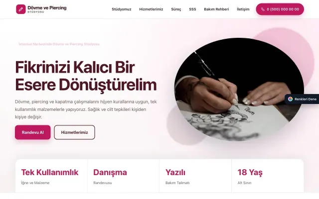 Dövme ve Estetik için Tek Sayfa Bordo Pembe – Dövme ve Estetik Web Sitesi ana sayfa görünümü