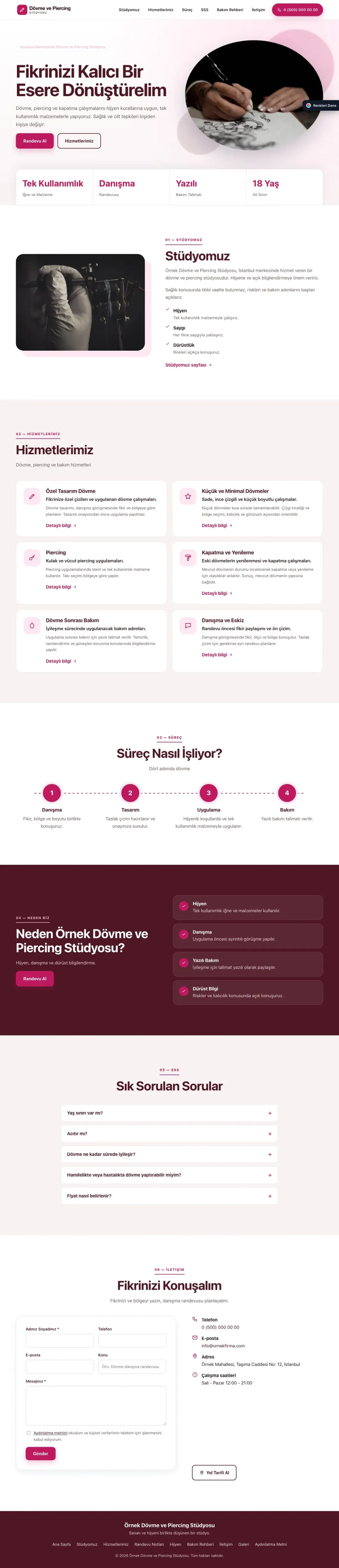 Dövme ve Estetik için Tek Sayfa Bordo Pembe – Dövme ve Estetik Web Sitesi ana sayfa görünümü