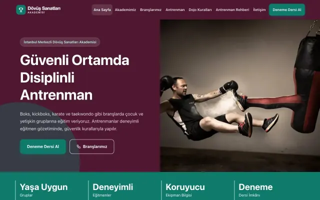 Blok Erik Turkuaz – Dövüş Sanatları ve Spor Okulu Web Sitesi ana sayfa görünümü