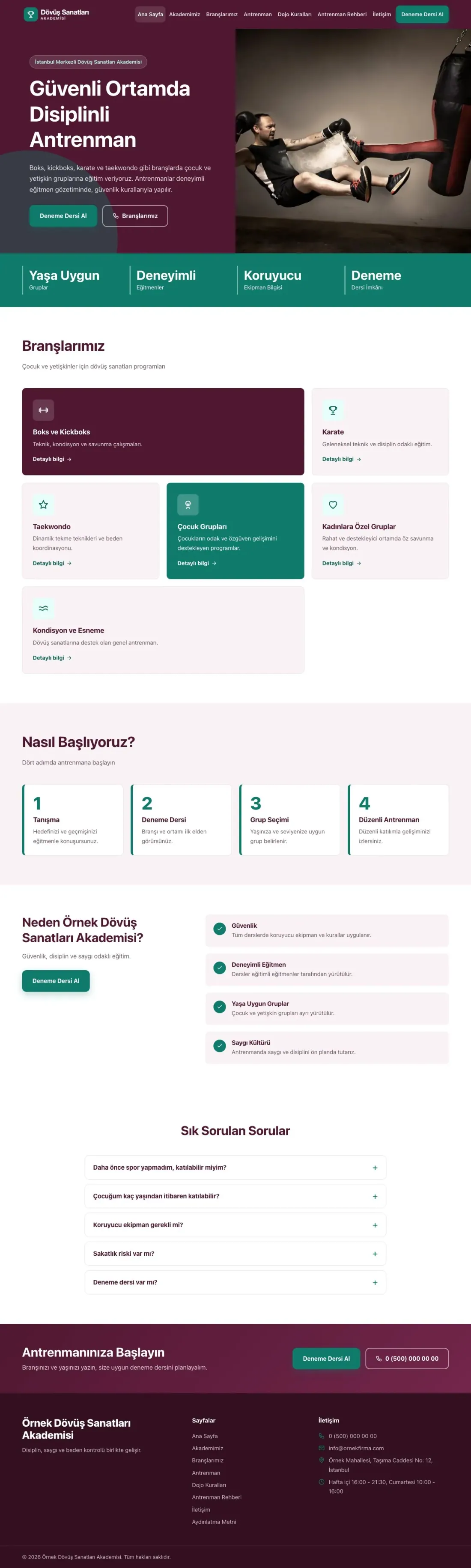 Blok Erik Turkuaz – Dövüş Sanatları ve Spor Okulu Web Sitesi ana sayfa görünümü