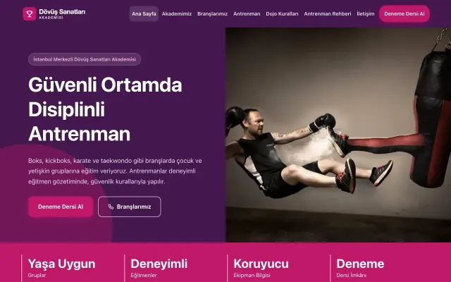 Blok Mor Pembe – Dövüş Sanatları ve Spor Okulu Web Sitesi ana sayfa görünümü