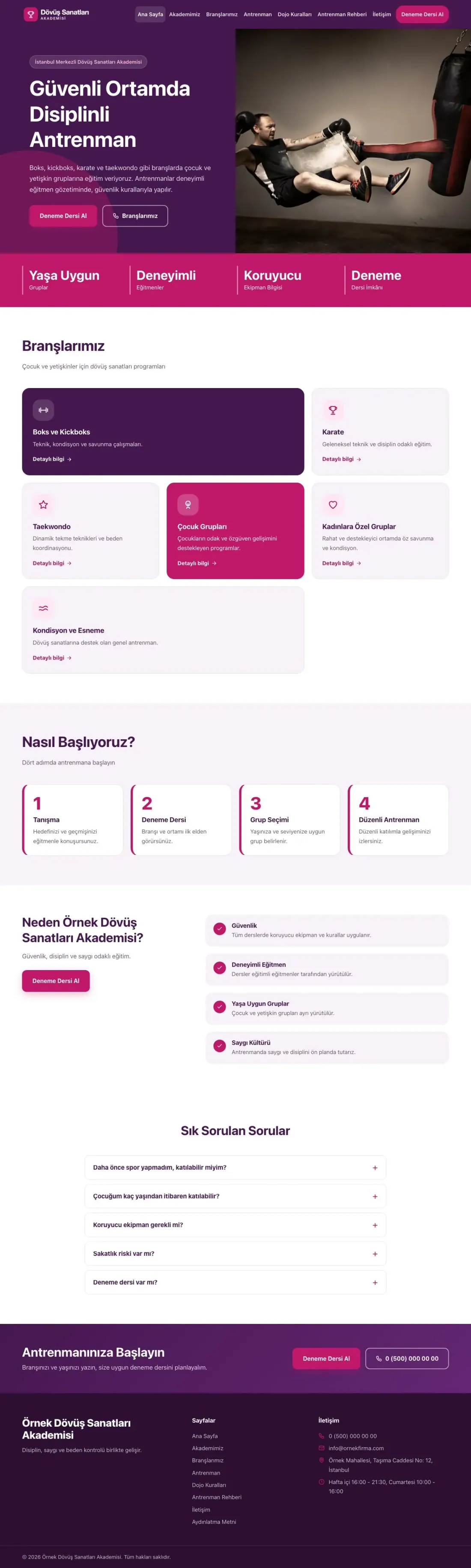 Blok Mor Pembe – Dövüş Sanatları ve Spor Okulu Web Sitesi ana sayfa görünümü