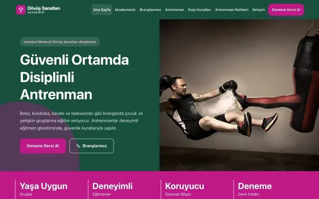 Blok Petrol Pembe – Dövüş Sanatları ve Spor Okulu Web Sitesi ana sayfa görünümü