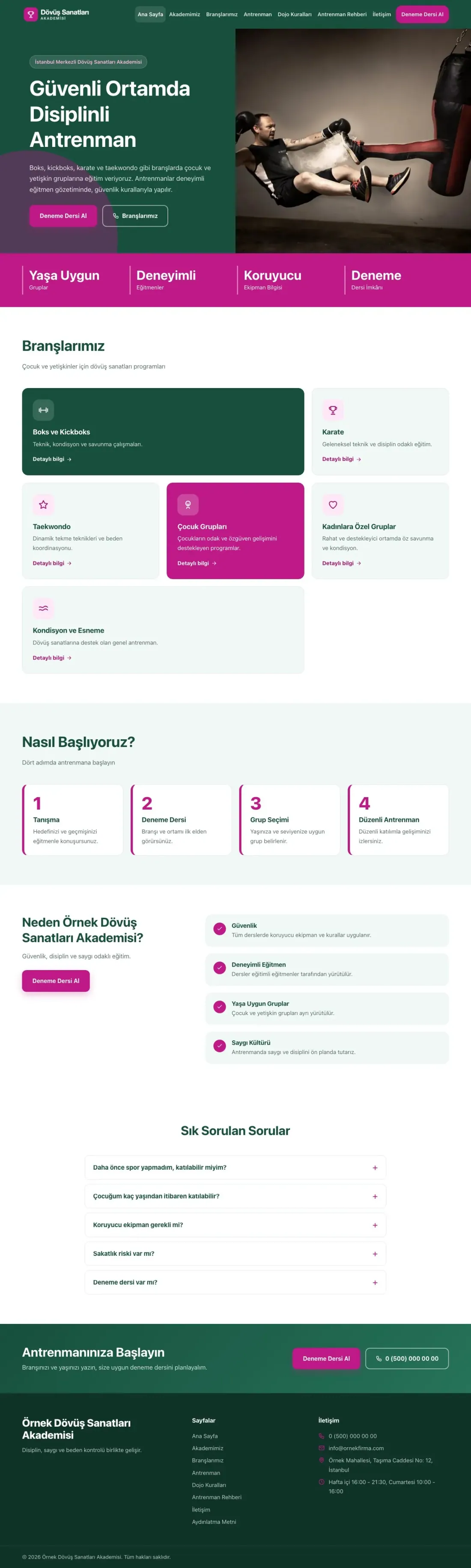 Blok Petrol Pembe – Dövüş Sanatları ve Spor Okulu Web Sitesi ana sayfa görünümü