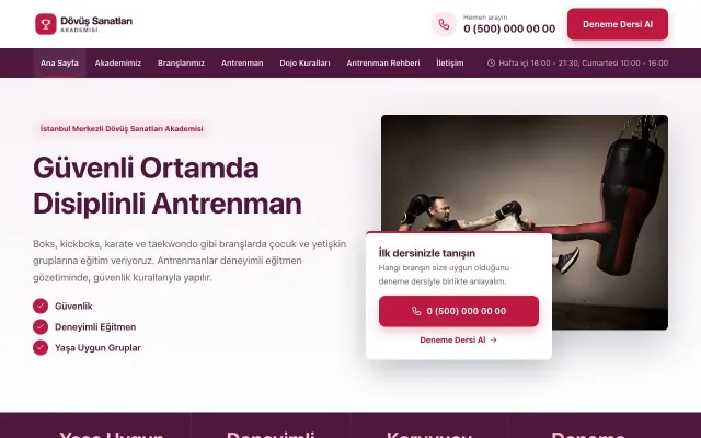 Bölünmüş Erik Kırmızı – Dövüş Sanatları ve Spor Okulu Web Sitesi ana sayfa görünümü
