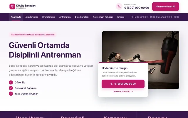 Bölünmüş Mor Pembe – Dövüş Sanatları ve Spor Okulu Web Sitesi ana sayfa görünümü