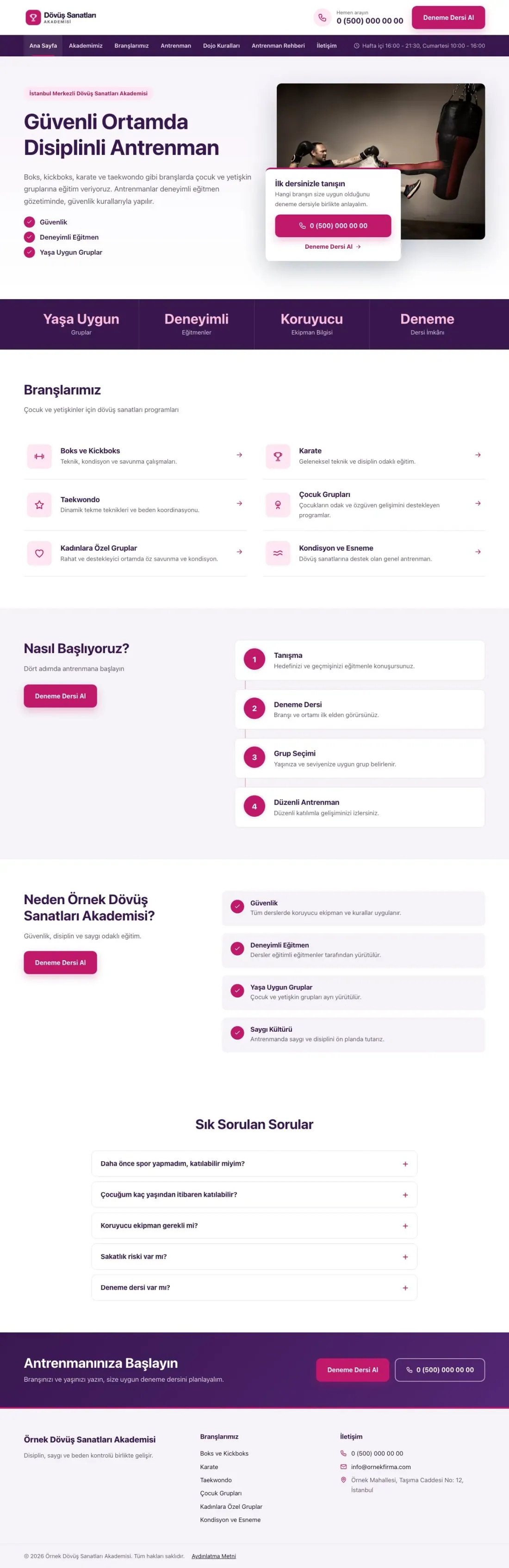 Bölünmüş Mor Pembe – Dövüş Sanatları ve Spor Okulu Web Sitesi ana sayfa görünümü