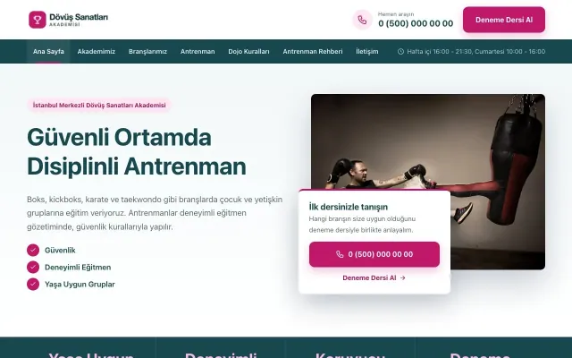 Bölünmüş Petrol Pembe – Dövüş Sanatları ve Spor Okulu Web Sitesi ana sayfa görünümü