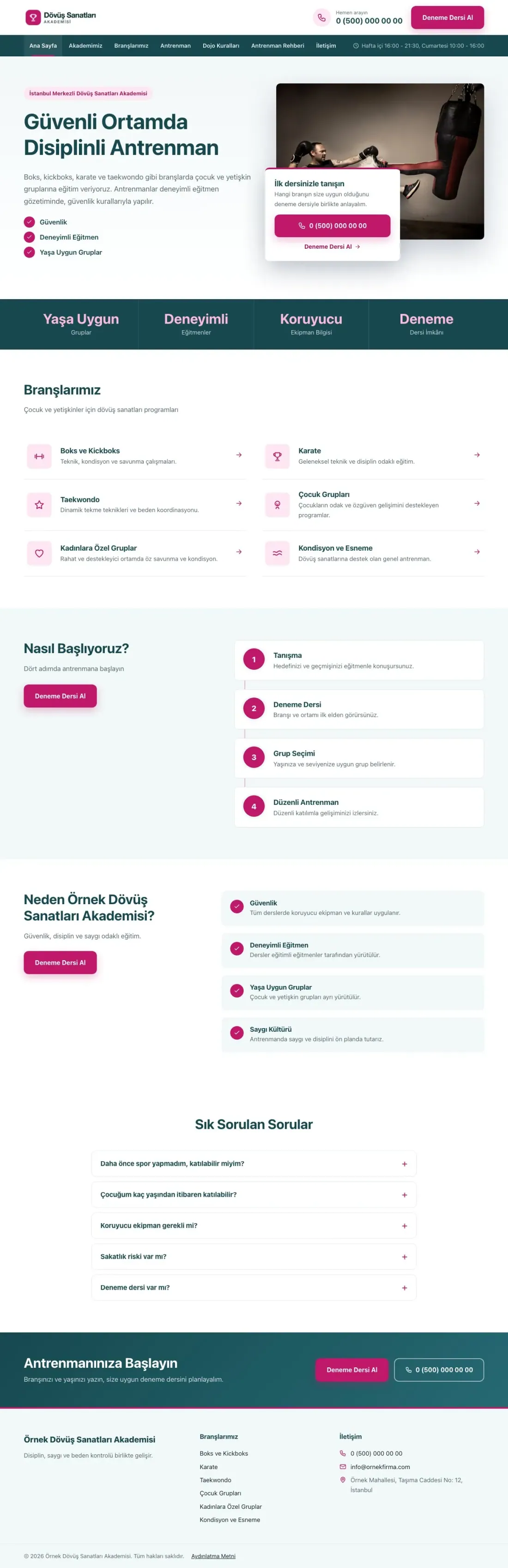 Bölünmüş Petrol Pembe – Dövüş Sanatları ve Spor Okulu Web Sitesi ana sayfa görünümü