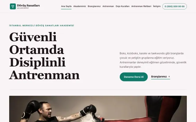 Editoryal Bordo Turkuaz – Dövüş Sanatları ve Spor Okulu Web Sitesi ana sayfa görünümü