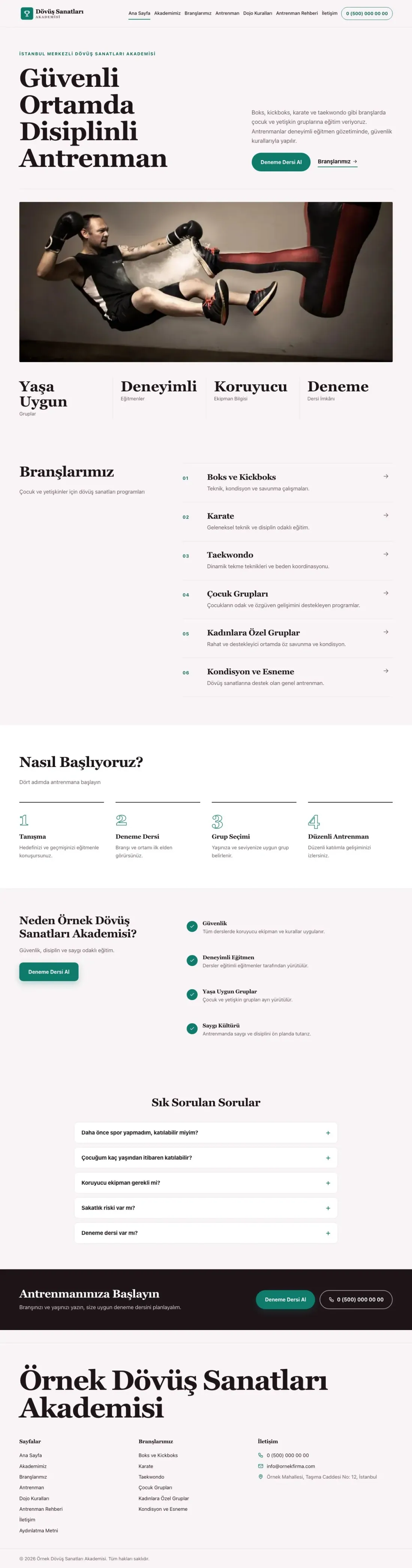 Editoryal Bordo Turkuaz – Dövüş Sanatları ve Spor Okulu Web Sitesi ana sayfa görünümü