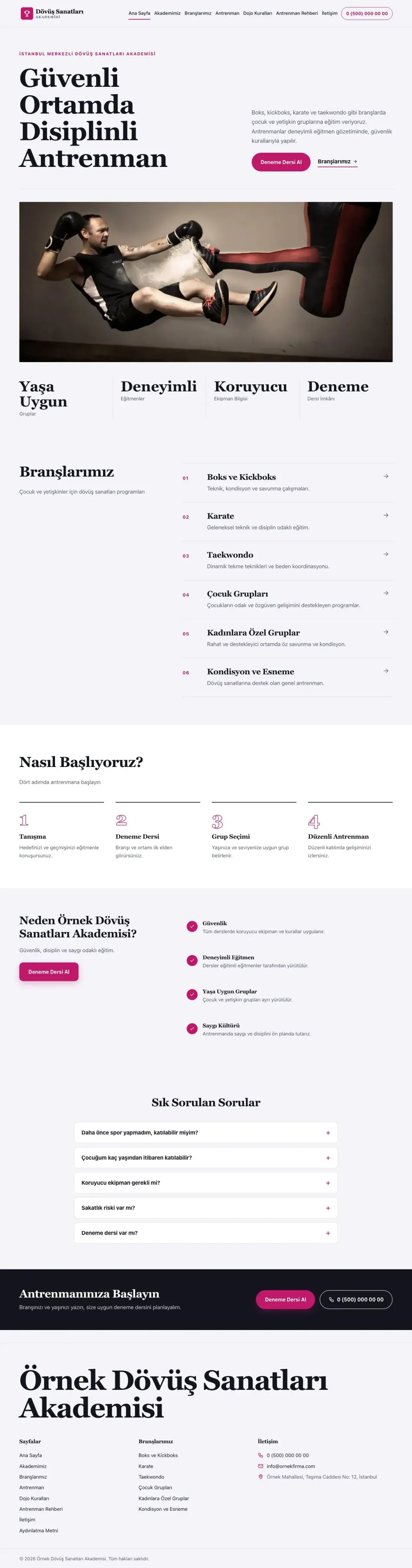 Editoryal Lacivert Pembe – Dövüş Sanatları ve Spor Okulu Web Sitesi ana sayfa görünümü
