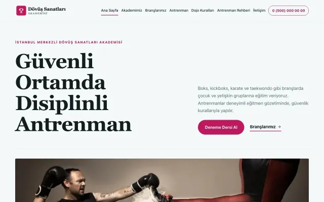 Editoryal Petrol Pembe – Dövüş Sanatları ve Spor Okulu Web Sitesi ana sayfa görünümü