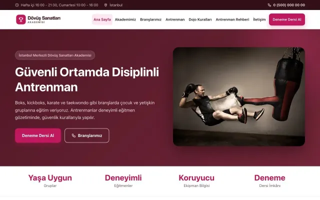 Klasik Bordo Pembe – Dövüş Sanatları ve Spor Okulu Web Sitesi ana sayfa görünümü
