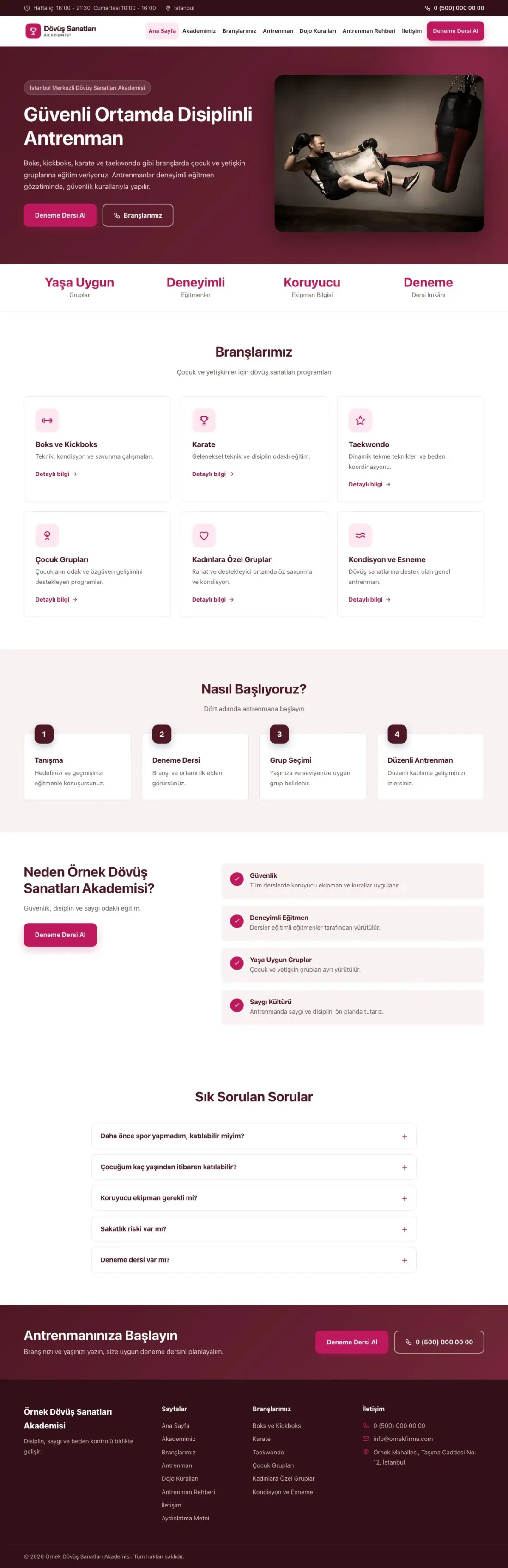 Klasik Bordo Pembe – Dövüş Sanatları ve Spor Okulu Web Sitesi ana sayfa görünümü