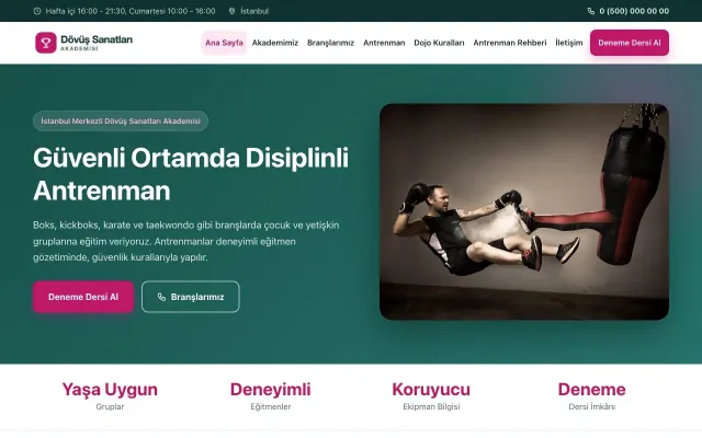 Klasik Petrol Pembe – Dövüş Sanatları ve Spor Okulu Web Sitesi ana sayfa görünümü