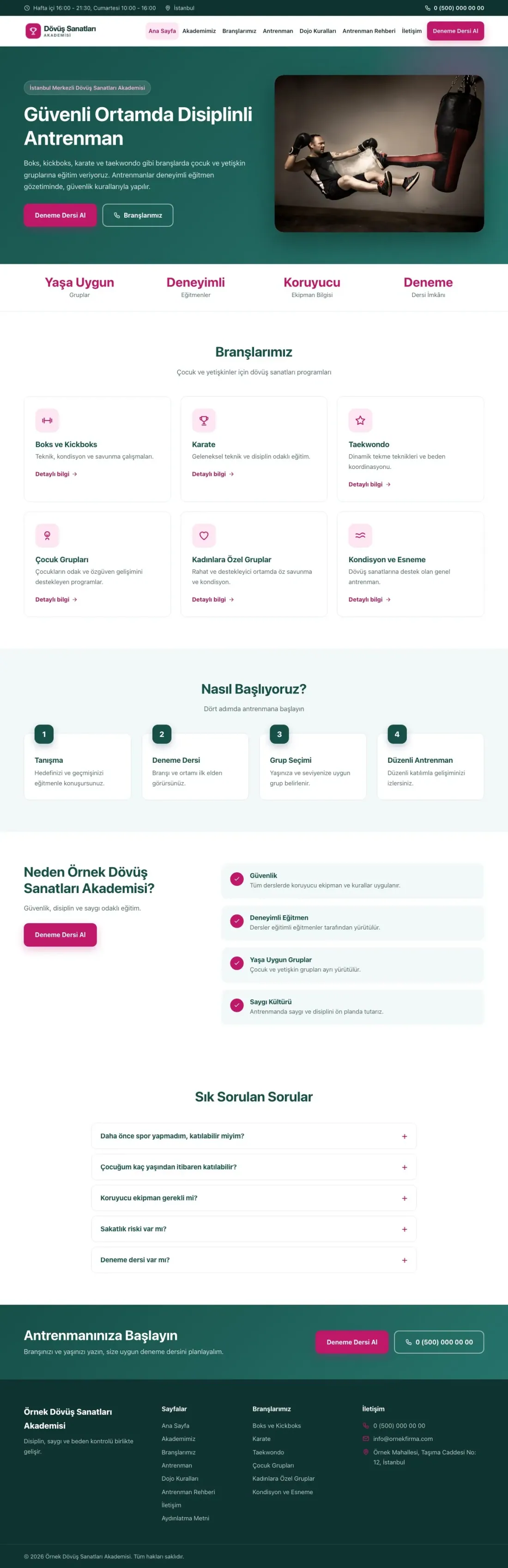 Klasik Petrol Pembe – Dövüş Sanatları ve Spor Okulu Web Sitesi ana sayfa görünümü